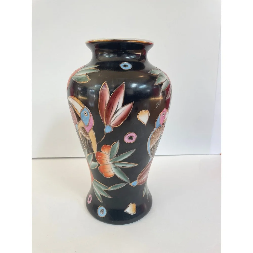 Vintage Black Ceramic Toucan Floral Vase Chinoiserie Gold‎ Cloisonne 12